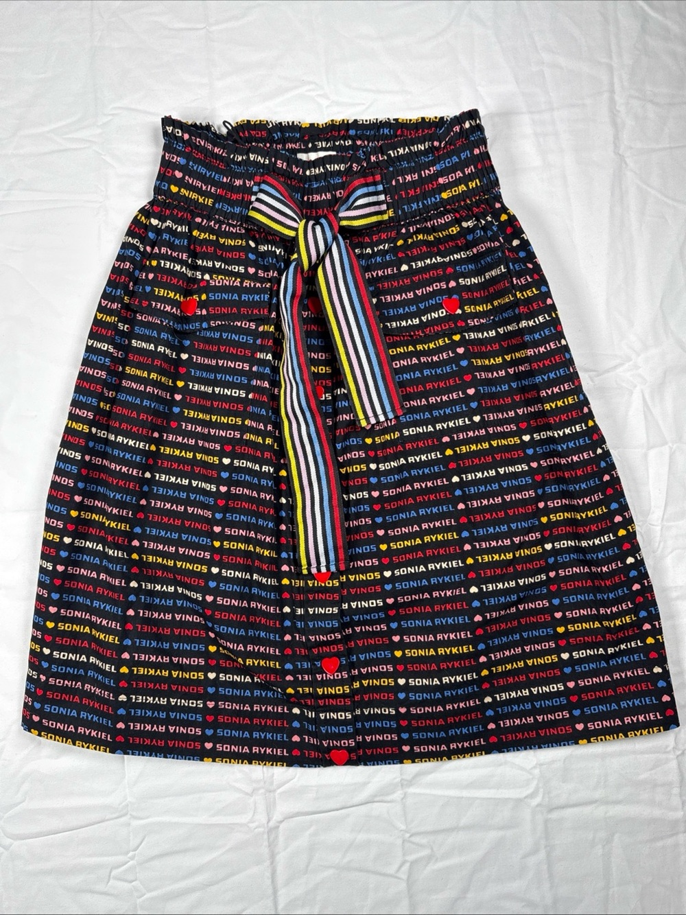 Sonia Rykiel Black A-Line Skirt with Multicolor Logo Stripes